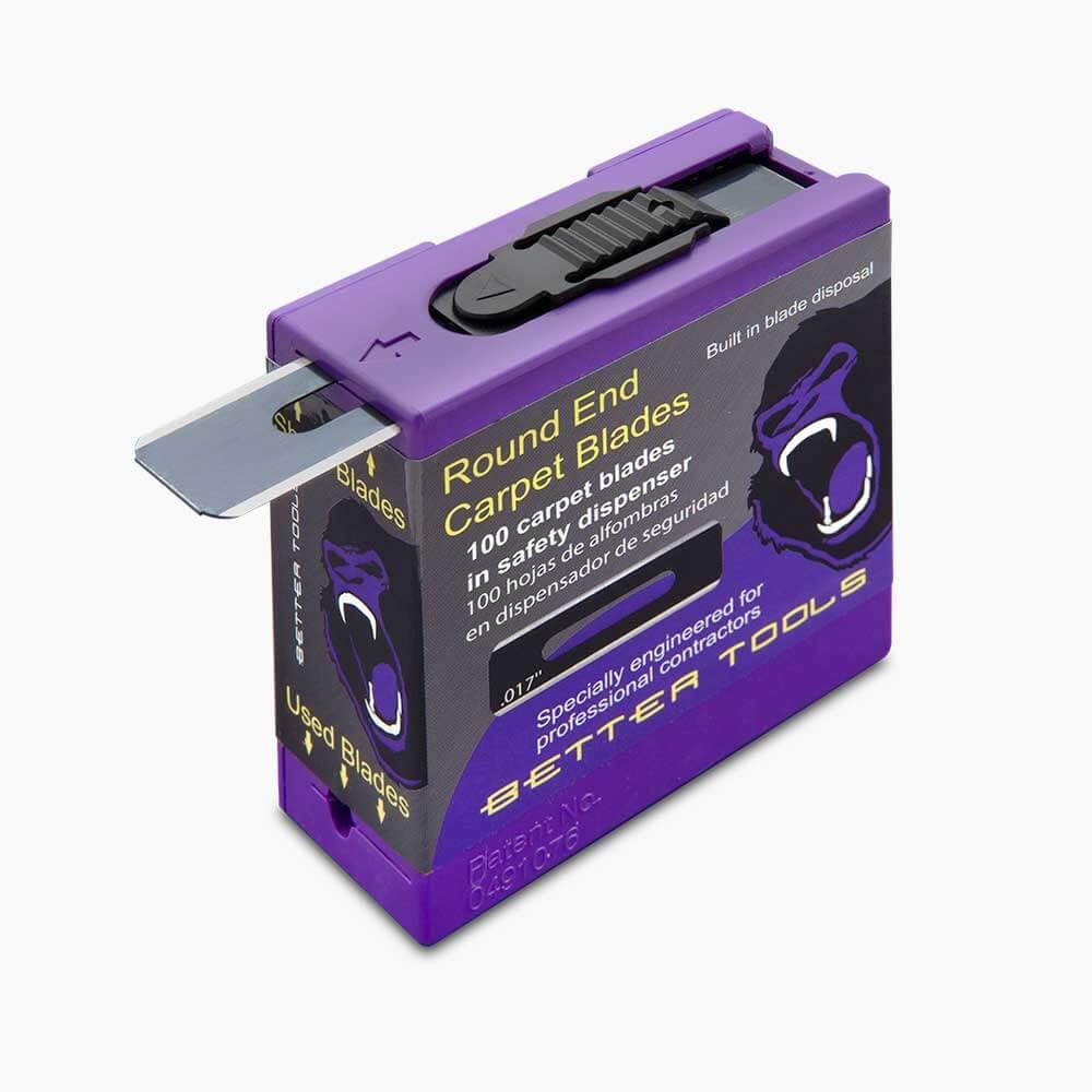 Better Tools 3G Extreme Round End Carpet Blade - 3 Packs - 100 blades/Pack - Professional 0.01” Thick Steel Replacement Blades with Safety Dispenser for Carpet Knives